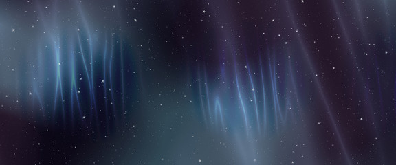 Night sky background with aurora borealis effects and stars, panoramic view. Digital artwork creative graphic design.