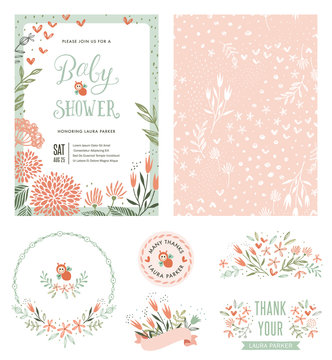 Baby Shower invitation with seamless background and floral typographic design elements. Vector illustration.