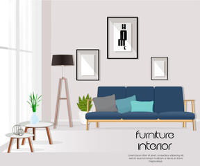 Furniture. Interior. Living room with sofa, table, lamp, pictures, window. Vector.