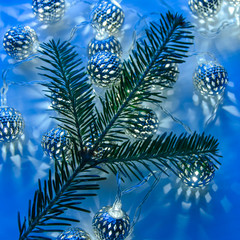 Abstract Christmas background with garland lights and pine branc