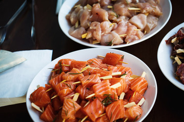 Pieces of fresh fish and meat