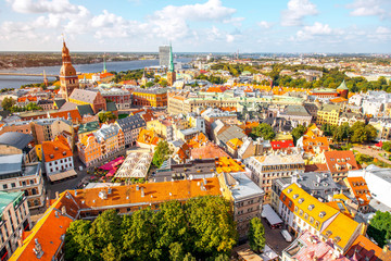 Panoramic aerial view on the old town of Riga city, Latvia - obrazy, fototapety, plakaty