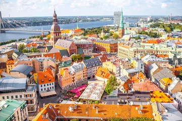 Zelfklevend Fotobehang Panoramic aerial view on the old town of Riga city, Latvia © rh2010