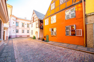 Ancient half-timbered residential houses in the old town of Riga, Latvia