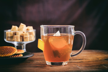 A transparent mug of tea