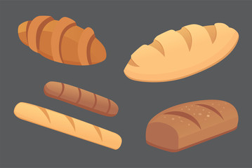 different breads and bakery products vector illustrations. Buns for breakfast. set bake food isolated