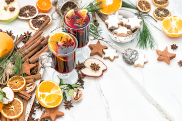 Fototapeta na wymiar Mulled wine ingredients Hot red punch with fruit spices