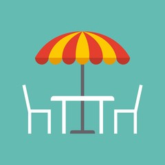 table, chairs and striped parasol over blue background. colorful design. vector illustration © Gstudio