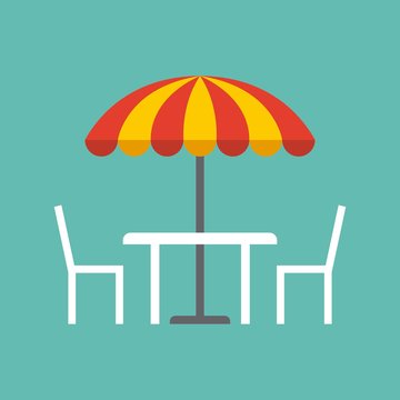 table, chairs and striped parasol over blue background. colorful design. vector illustration