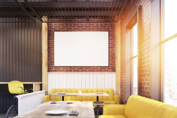 Diner interior with yellow furniture, toned