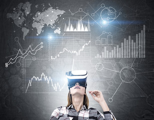 Woman in flannel shirt, vr glasses and six graphs