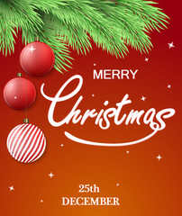 Christmas postcard. Merry Christmas background with fir tree branch and Christmas decorations, hanging balls. Warm red and orange background.