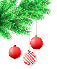 Christmas background. Merry Christmas postcard with fir tree branch and Christmas decorations, red balls. Vector illustration.