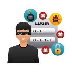 cartoon hacker man with cyber security icons around over white background. colorful design. vector illustration