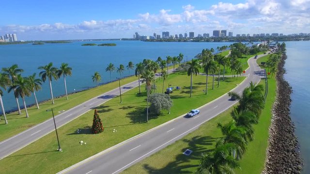 Aerial tracking shot of the Broad Causeway Miami Beach