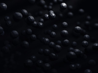 Futuristic abstract 3d illustartion of flying polygonal spheres. Chaotic low poly particles in the dark fantastic space. High technology concept. Background modern digital design.