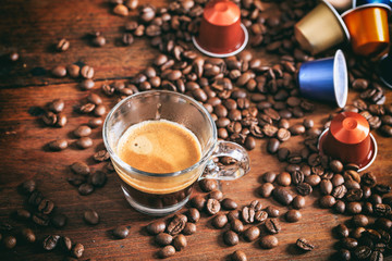 Transparent cup of espresso