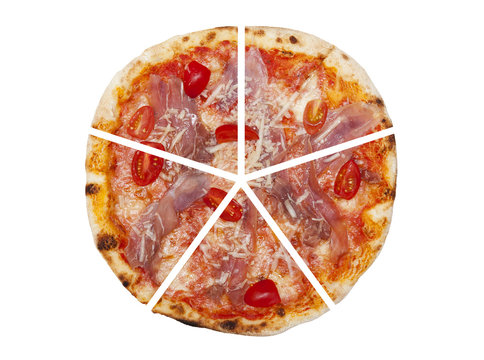 Five pieces of pizza isolated on white