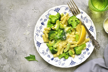Creamy avocado broccoli pasta .Top view.