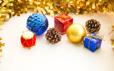 Christmas ornament composition on white background.