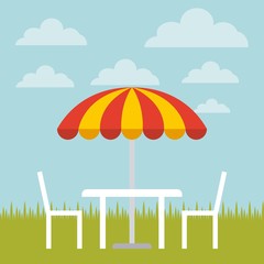 table, chairs and striped parasol over landscape background. colorful design. vector illustration