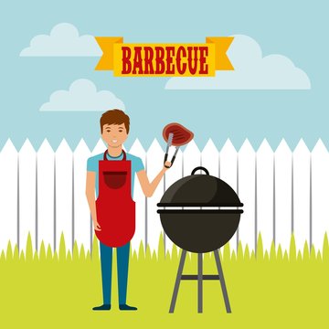 cartoon man with steak of meat and barbecue grill over landscape background. colorful design. vector illustration