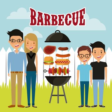 cartoon happy people and barbecue with grilled food over landscape background. colorful design. vector illustration
