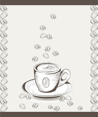 Cup of coffee with coffee beans. Vector illustration engraved sketch style. Old engraving Hand drawn technique