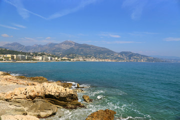 Fototapeta na wymiar Beautiful sea view on Menton from Cap Martin, French Riviera, Fr