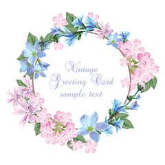 Summer Vintage wreath Greeting Card flowers, Illustration  Floral Wedding Invitation in Watercolor style