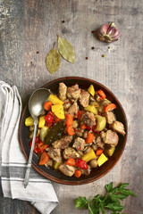 Meat stewed with vegetables.Top view.