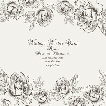 Floral Vector Vintage Invitation card. Black and white Garden Roses. Festive Postcard for weddings, ceremony, events. Hand drawn engraved technique