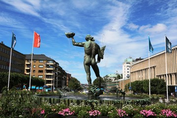 Poseidon Statue Fountain at Götaplatsen in Gothenburg under blue sky, Sweden Skandinavien