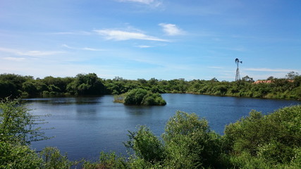 Fototapeta na wymiar Teich mit Insel und Windrad