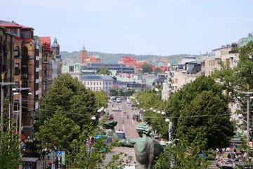 View from Götaplatsen to Kungsportsavenyen and Poseidon Statue Fountain in Gothenburg, Sweden 