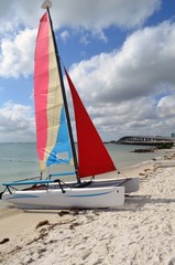 Small sailing catamaran resting in the sand at Hobie Beach,Key Biscayne,Florida