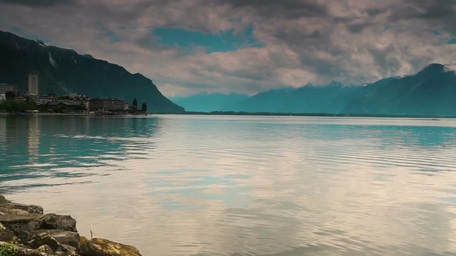 A panoramic view of Lake Geneva in the quaint city of Montreux, Switzerland
