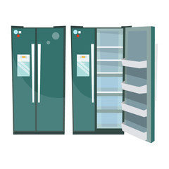 Closed and Opened Refrigerator. Vector illustration.