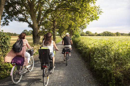 Sweden, Blekinge, Solvesborg, Rear view of man and women riding bicycles on country road