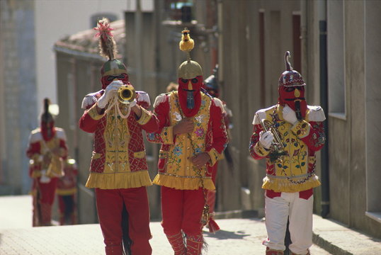 Trumpet players in red costumes and horse tails celebrate the Feast of the Jews, just before Easter, in the Lombard village of San Fratello, north Sicily