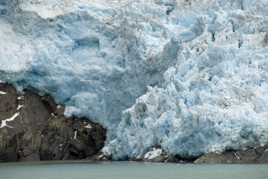 Icefall at end of outlet glacier descending from main ice sheet, along north side of Prins Christian Sund, southern tip of Greenland, Greenland