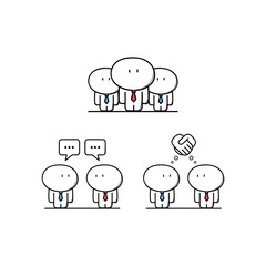 Cute businessman and colleagues, conversation or talk, business partners make a deal. Teamwork, discussion and handshake - cartoon vector illustration.