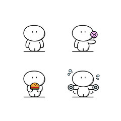 Cute fatty with candy and burger, plump man and sport or fitness. Fast or junk food, sweets, calories, lose weight and healthy lifestyle - cartoon vector illustration.