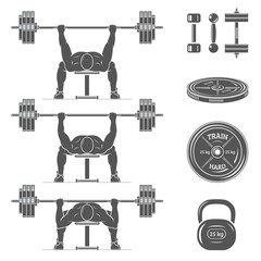 Bench press. Barbell and other sports equipment. Vector set.