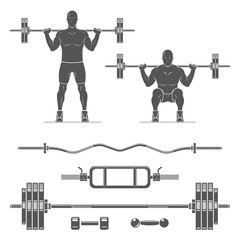 Deadlift. Barbell and other sports equipment. Vector set.