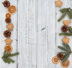 Christmas decoration on white grunge wooden board