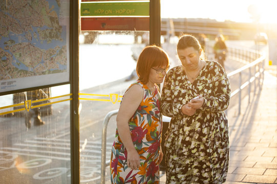 Sweden, Sodermanland, Stockholm, Sodermalm, Slussen, Woman with down syndrome standing by friend checking smart phone