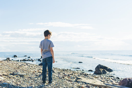 Sweden, Oland, Kopingsvik, Boy (8-9) standing on rocky beach