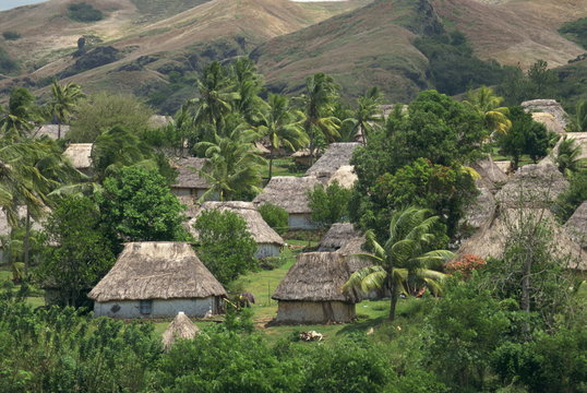 Traditional bures on regular grid pattern, last old style village, Navala, Viti Levu Island, Fiji