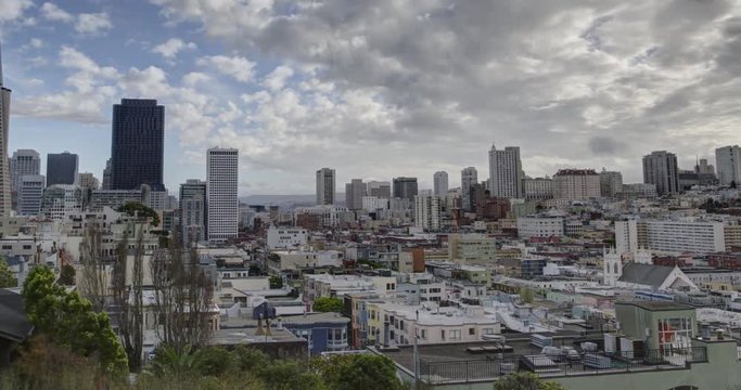 San Francisco Panoramic City View. Panning View footage from Telegraph Hill towards Downtown, Financial District, and Nob Hill.